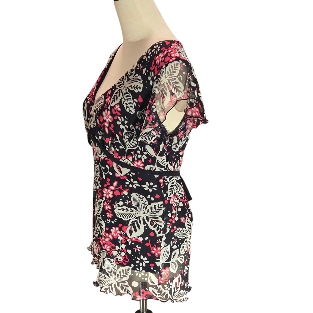 First Option Floral Black Pink White Women's L Top Sheer Shell & Sleeves Lined - Picture 2 of 12